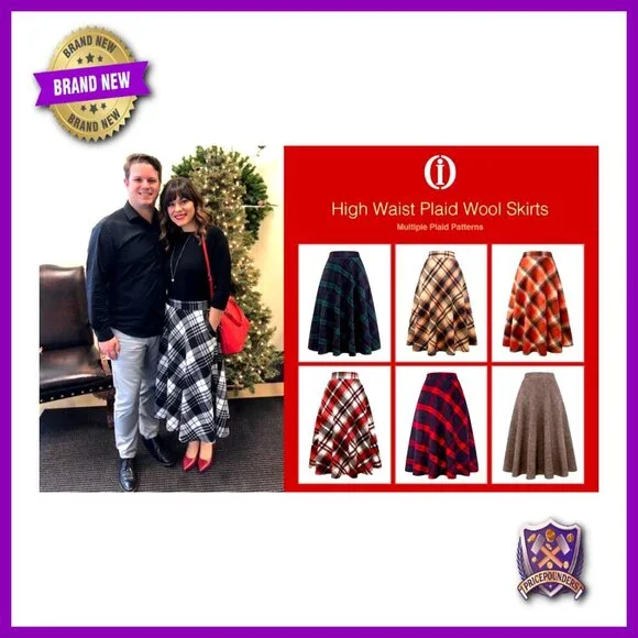 Wool Plaid A-Line Maxi Skirt with Elastic Waist and Pocket - Picture 7 of 7